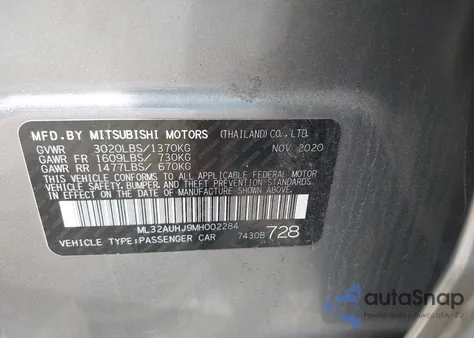 2021 Mitsubishi Mirage Carbonite Edition/Es/Le z USA, uszkodzony, nr VIN ML32AUHJ9MH002284